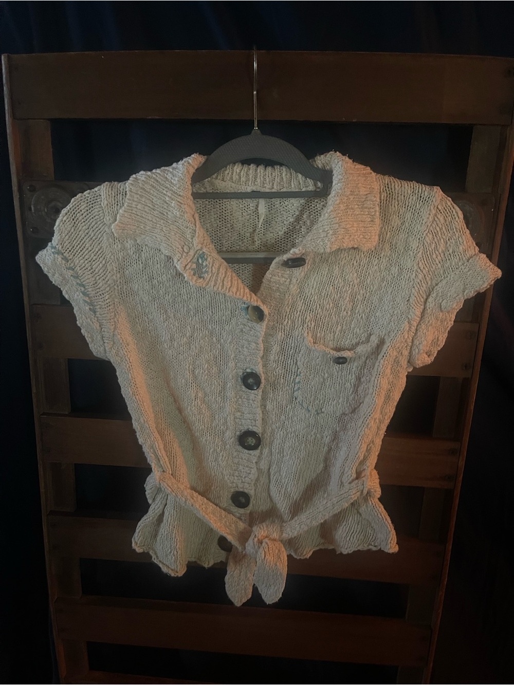 Free People Cream Short-Sleeve Button-Down Tie-Front Top